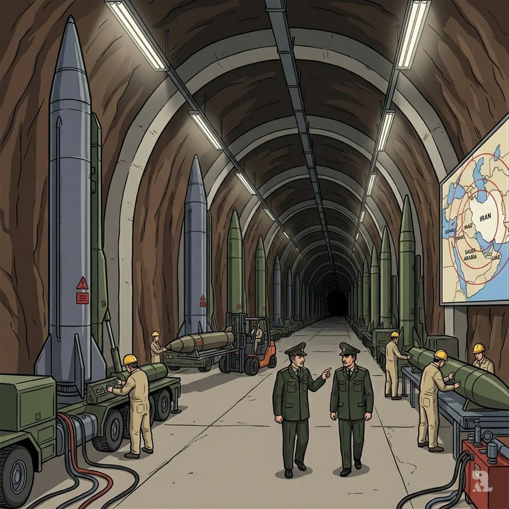 A massive underground tunnel in Iran houses rows of ballistic missiles on launchers, with military personnel and a map showing range circles to Israel.