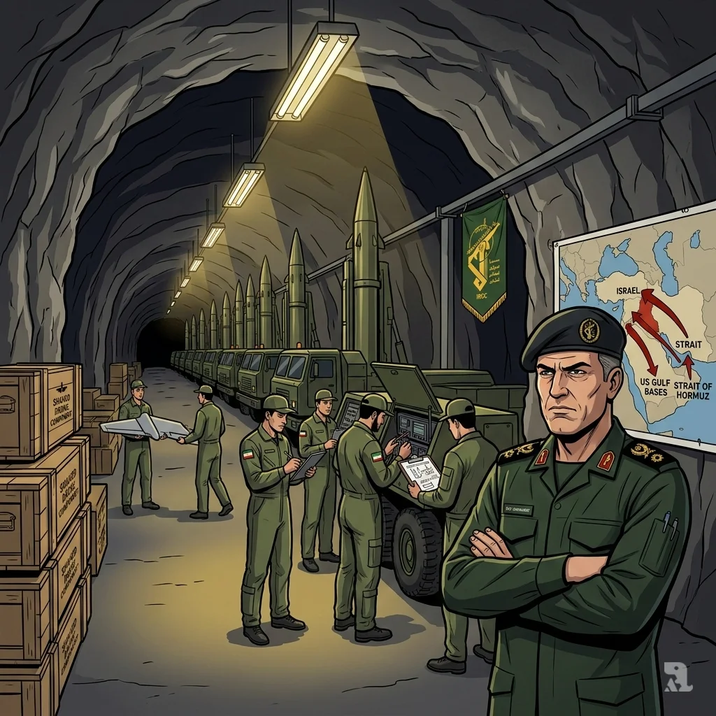 Inside an Iranian underground "Missile City," an IRGC commander surveys rows of ballistic missiles. A strategic map shows red arrows indicating a post-war shift to an offensive doctrine.