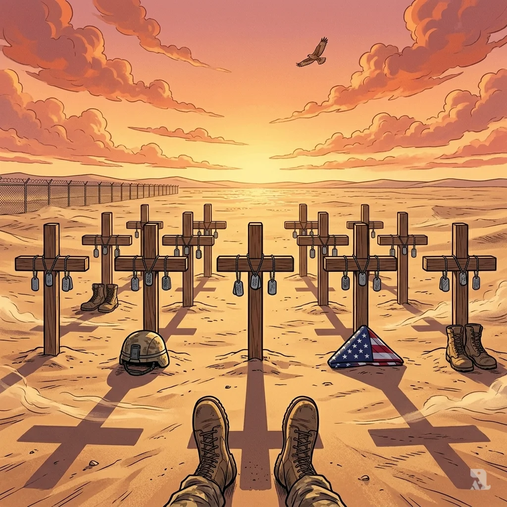 Desert memorial at golden hour with thirteen wooden crosses arranged in formation, dog tags hanging, and a soldier’s boots in the foreground.