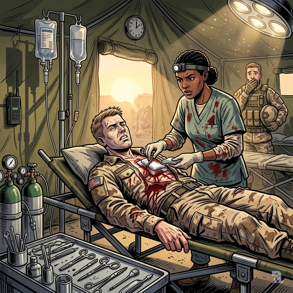 Field hospital tent in Saudi Arabia, where a medic treats a wounded soldier on a stretcher amid blood-stained bandages and medical equipment.