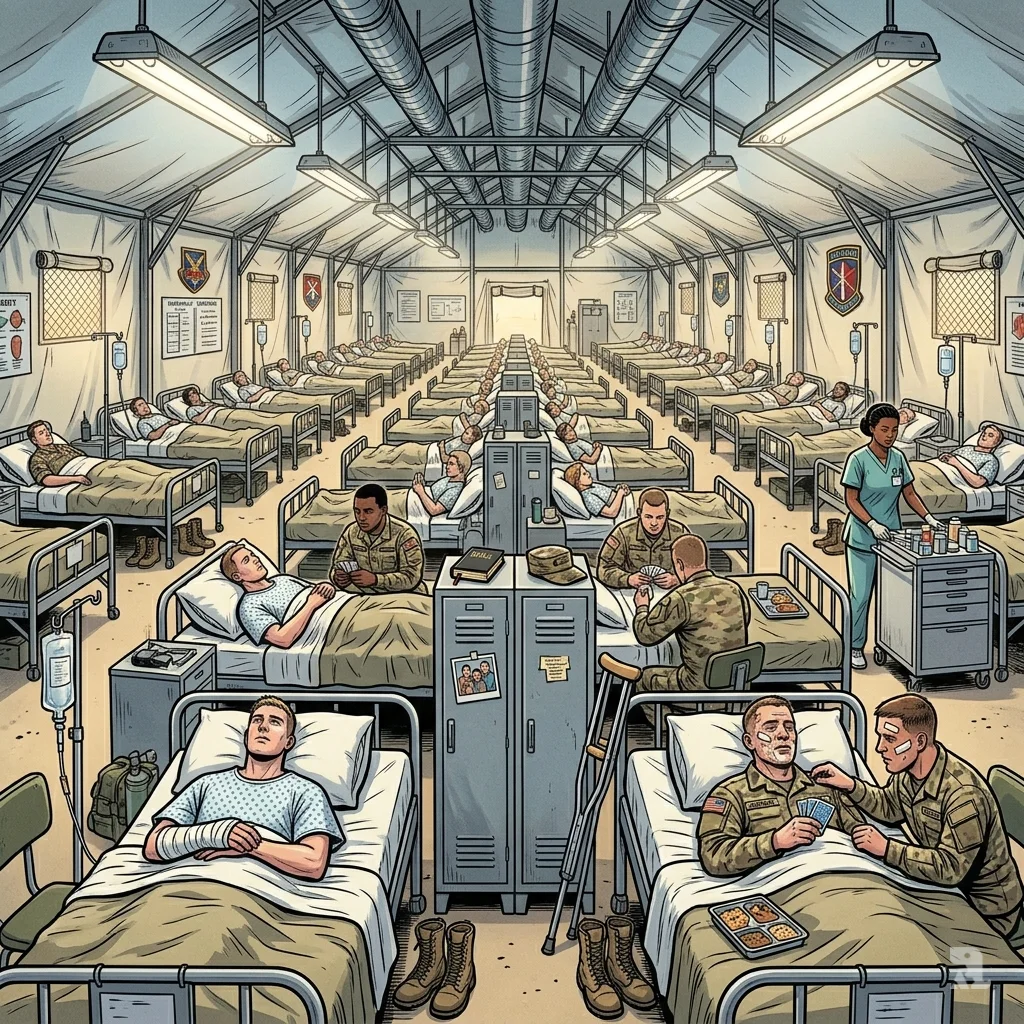 Wide view of a crowded military hospital ward with rows of beds filled with wounded soldiers recovering from injuries.
