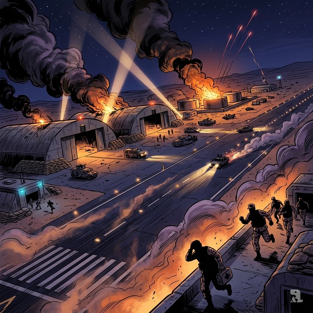 Night aerial view of Prince Sultan Air Base under attack, with smoke plumes, orange fireballs, and tracer fire lighting the tarmac.