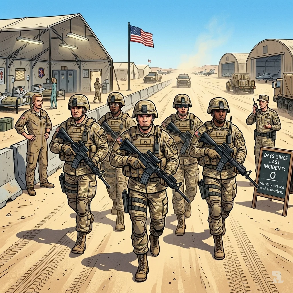 Five fully geared soldiers walk down a dusty base road toward operational zones, with a medical tent visible behind them.