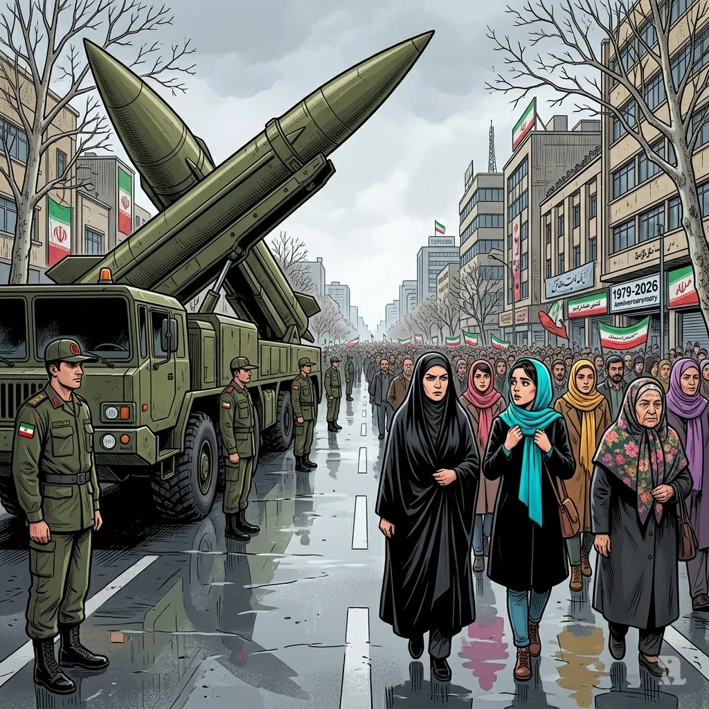 Tehran street scene with a raised ballistic missile vehicle on one side and a crowd of Iranian civilians, including women in headscarves, marching.