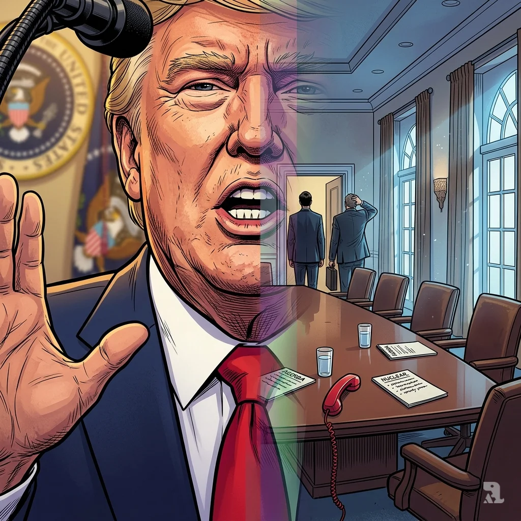 close‑up of mouth mid‑speech, empty diplomatic conference room with abandoned negotiation documents.