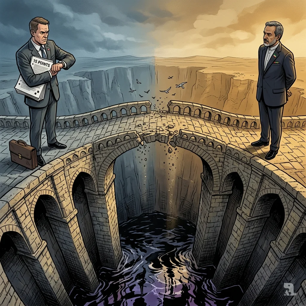 Two diplomats on opposite ends of ancient stone bridge, crumbling stones falling into deep chasm below.