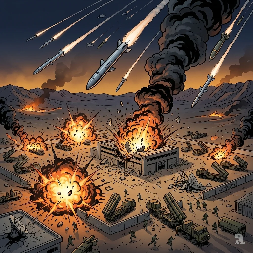 US and Israeli forces launch a massive aerial bombardment on an Iranian military compound, destroying missile launchers and killing the Supreme Leader.