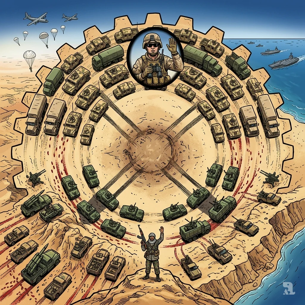 Aerial view of US and Iranian military formations circling in desert, tactical map aesthetic, empty center.