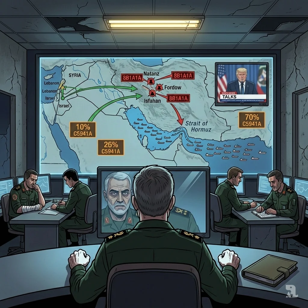 An IRGC commander sits in a damaged command center, staring at a screen showing the Strait of Hormuz choked with tankers and damage assessments. The mood is one of tense, uncertain exhaustion.