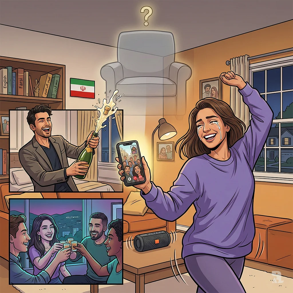 Iranian diaspora members celebrate Khamenei's death via video calls. A woman dances in her Maryland home, with smaller insets showing celebrants in Paris and Los Angeles. A ghostly empty chair and question mark hint at Iran's uncertain future.