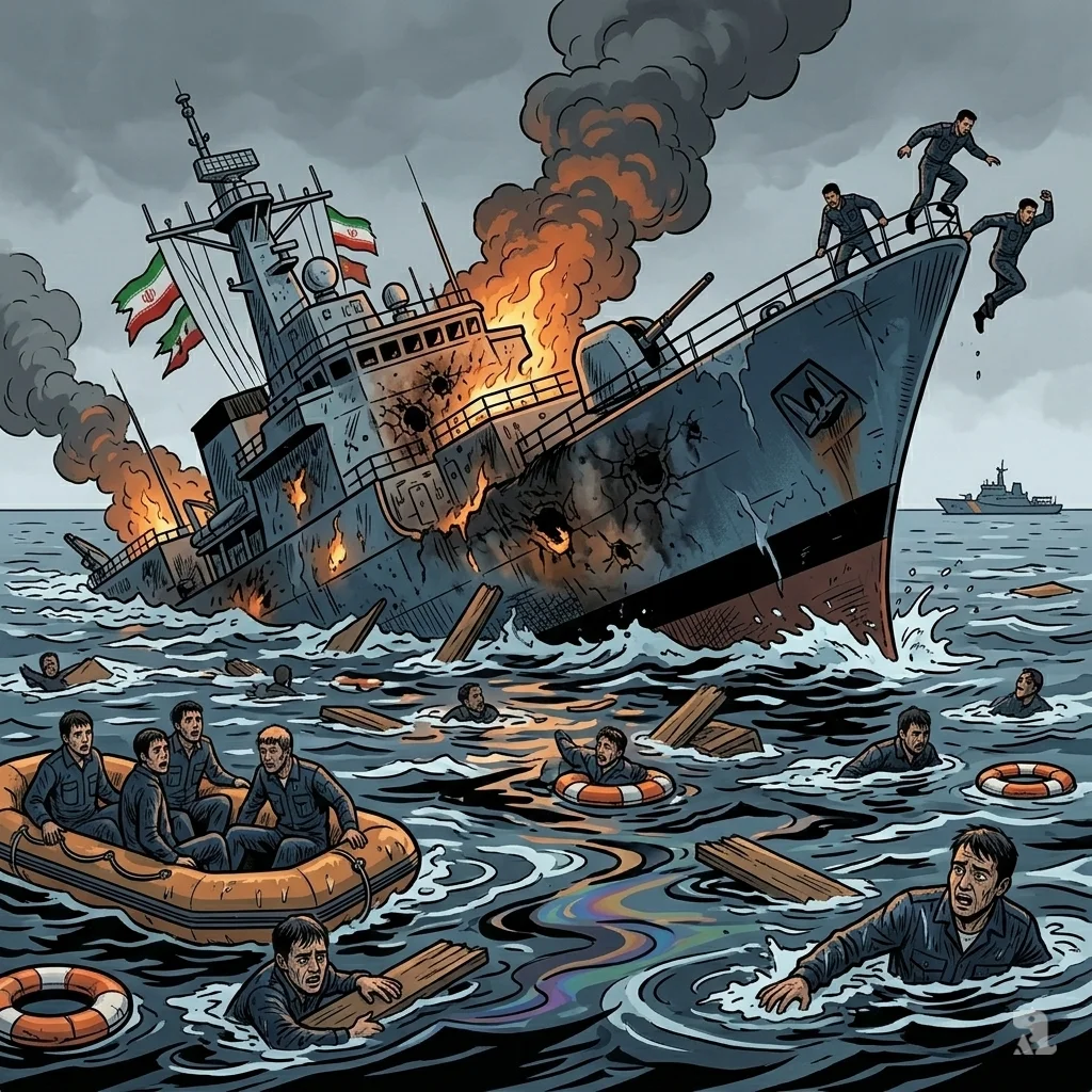 The Iranian frigate IRIS Dena sinks stern-first into the Indian Ocean after being hit by U.S. Navy fire, with sailors struggling in the water nearby.