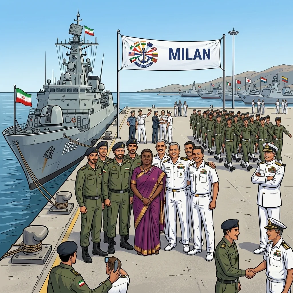 Indian President Droupadi Murmu poses with Iranian sailors from the IRIS Dena warship during a warm, multinational naval exercise at Visakhapatnam port.