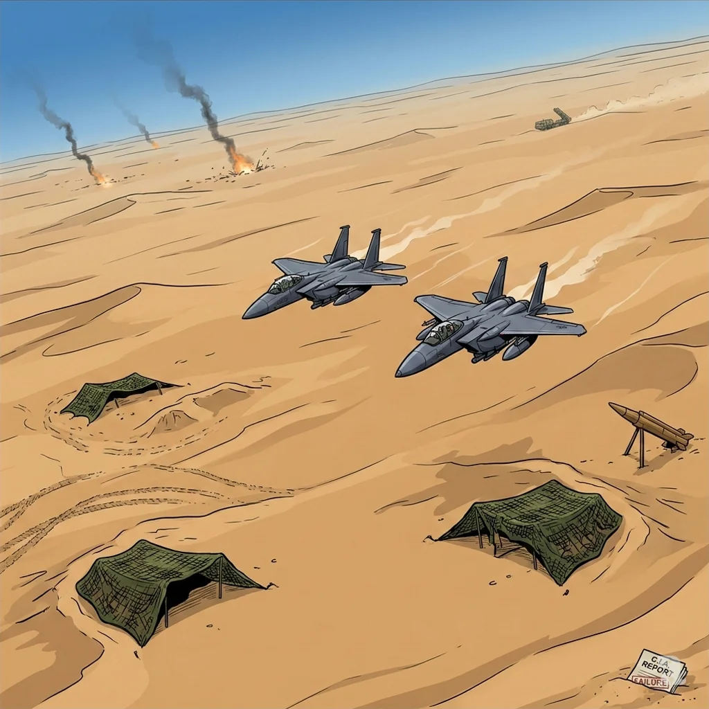Two U.S. F-15E fighter jets fly over a vast Iraqi desert in 1991, searching for hidden Scud missile launchers among decoys and smoke.