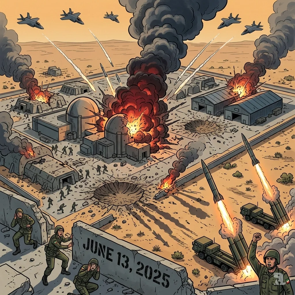 Aerial view of an Iranian nuclear facility under heavy aerial bombardment on June 13, 2025. Massive explosions and smoke rise as Israeli jets and Iranian missile launches mark the war's start.