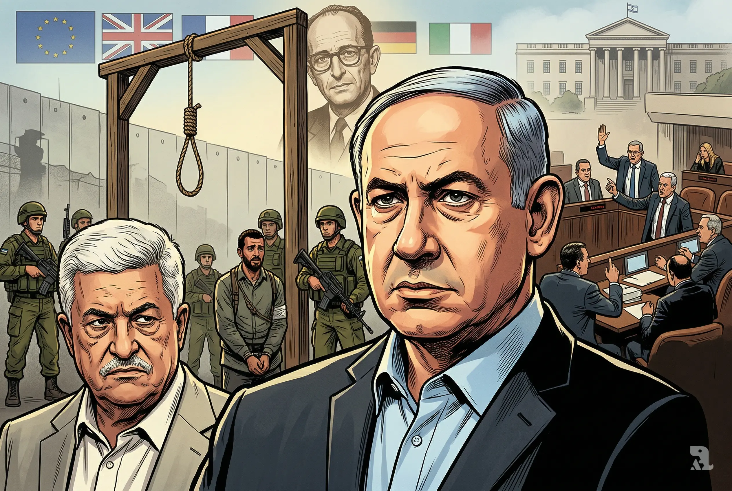 Netanyahu and Mahmoud Abbas face off in dramatic scene with gallows, soldiers, and parliament vote backdrop, depicting Israel’s controversial death penalty law for Palestinians.