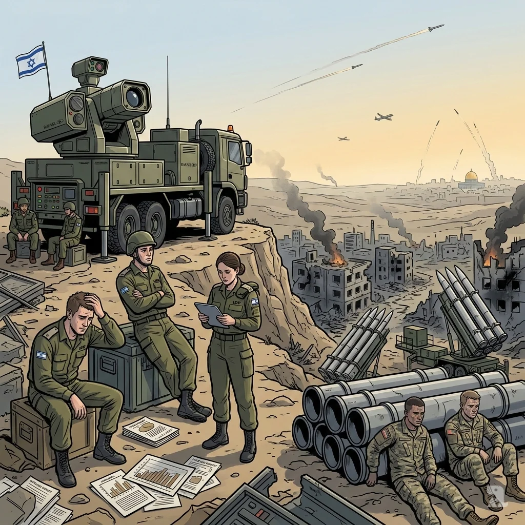 An unused Israeli Iron Beam laser system stands idle as weary soldiers survey a smoldering landscape, symbolizing the exhaustion and potential stalemate of the conflict.