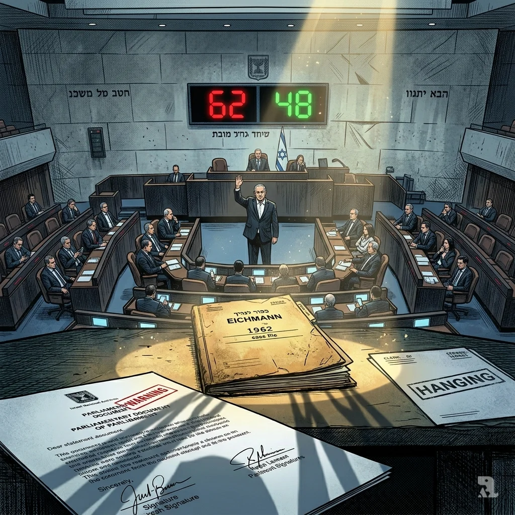 High-angle view of the Knesset assembly with Netanyahu raising his hand as electronic boards display 62 in red and 48 in green.