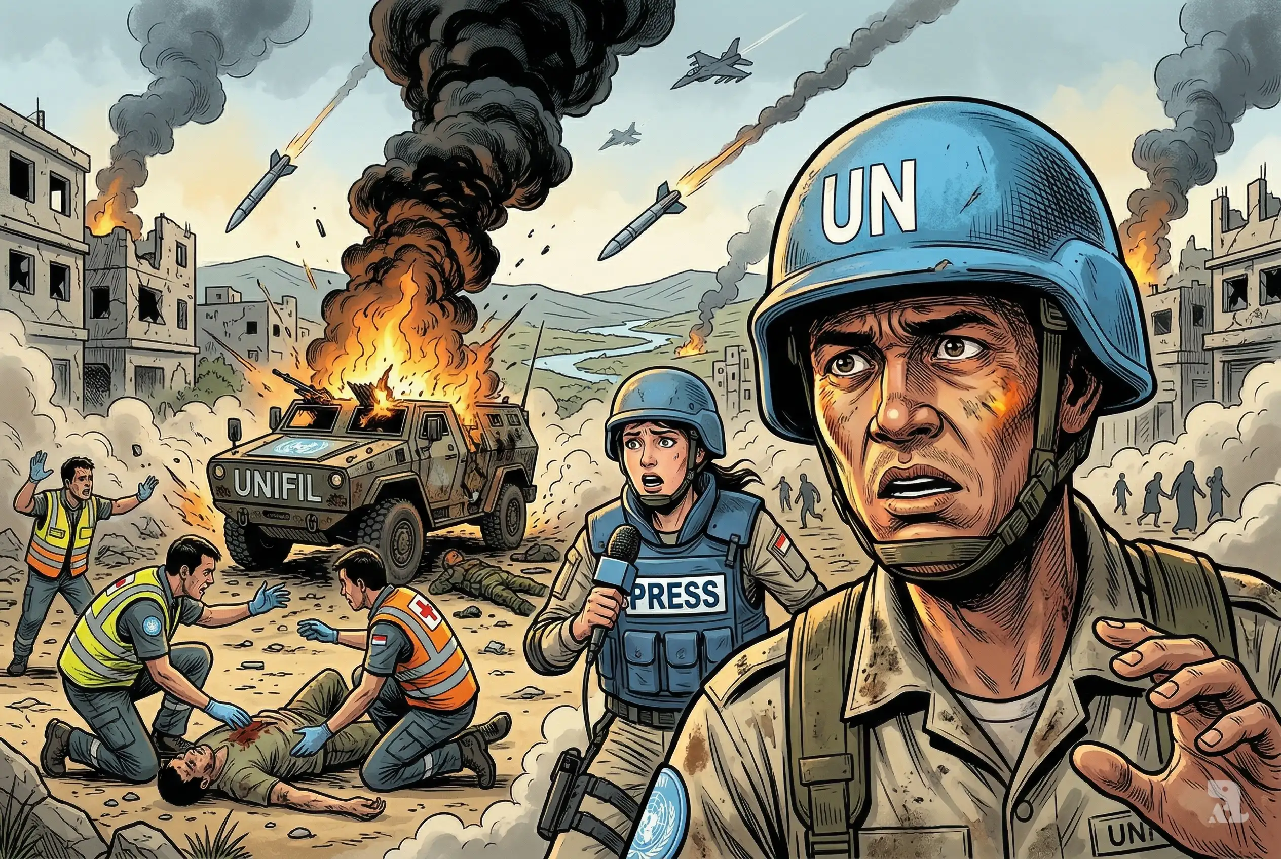 UN peacekeeper and journalist in foreground as explosions destroy UN vehicle, medics rush casualties, and airstrikes hit Lebanese town highlighting deadly crossfire and civilian danger.