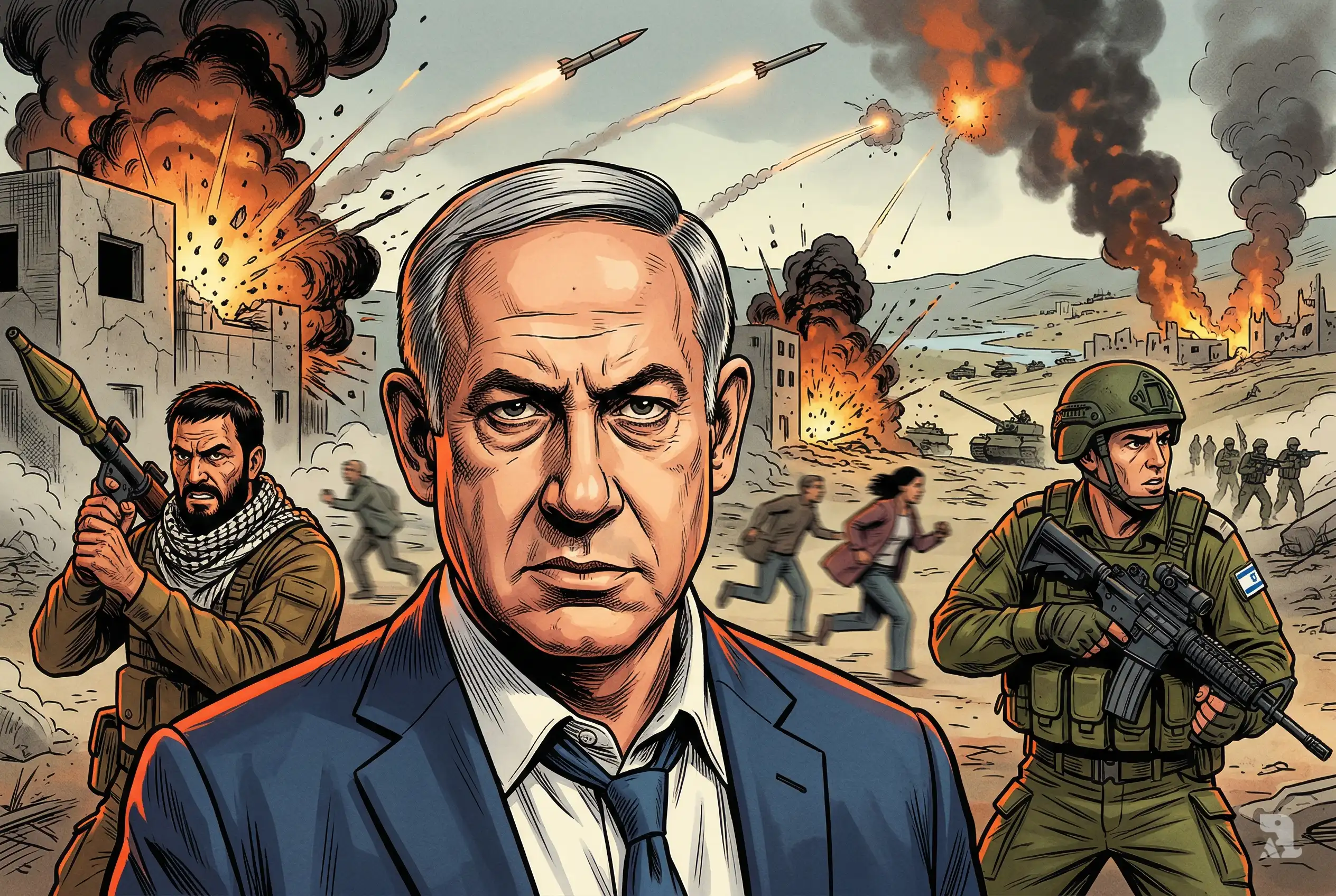 Benjamin Netanyahu in tense close-up as rockets fly across Lebanon-Israel border, explosions erupt, soldiers and militants clash amid expanding buffer zone conflict and heavy casualties.