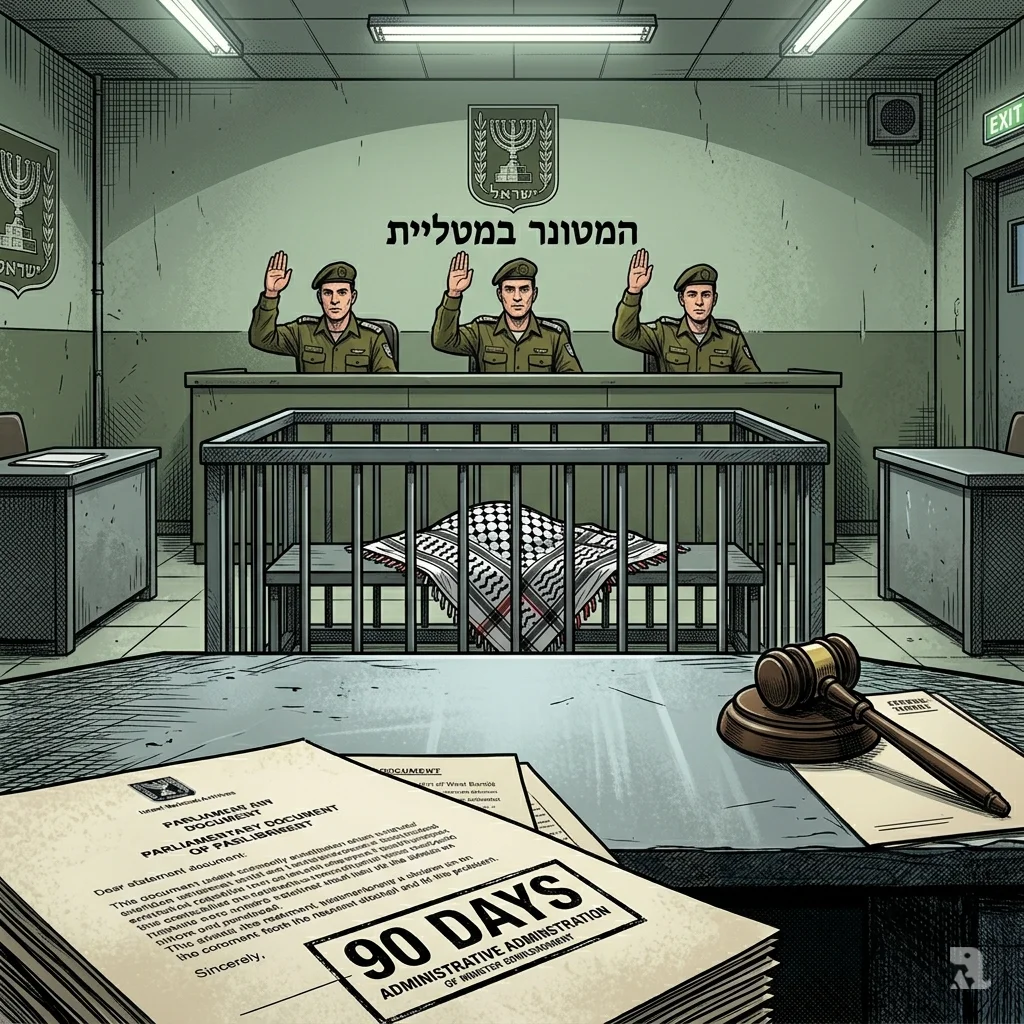 Military courtroom with a legal document stamped "90 DAYS," an empty defendant's cage, and military judges raising their hands.