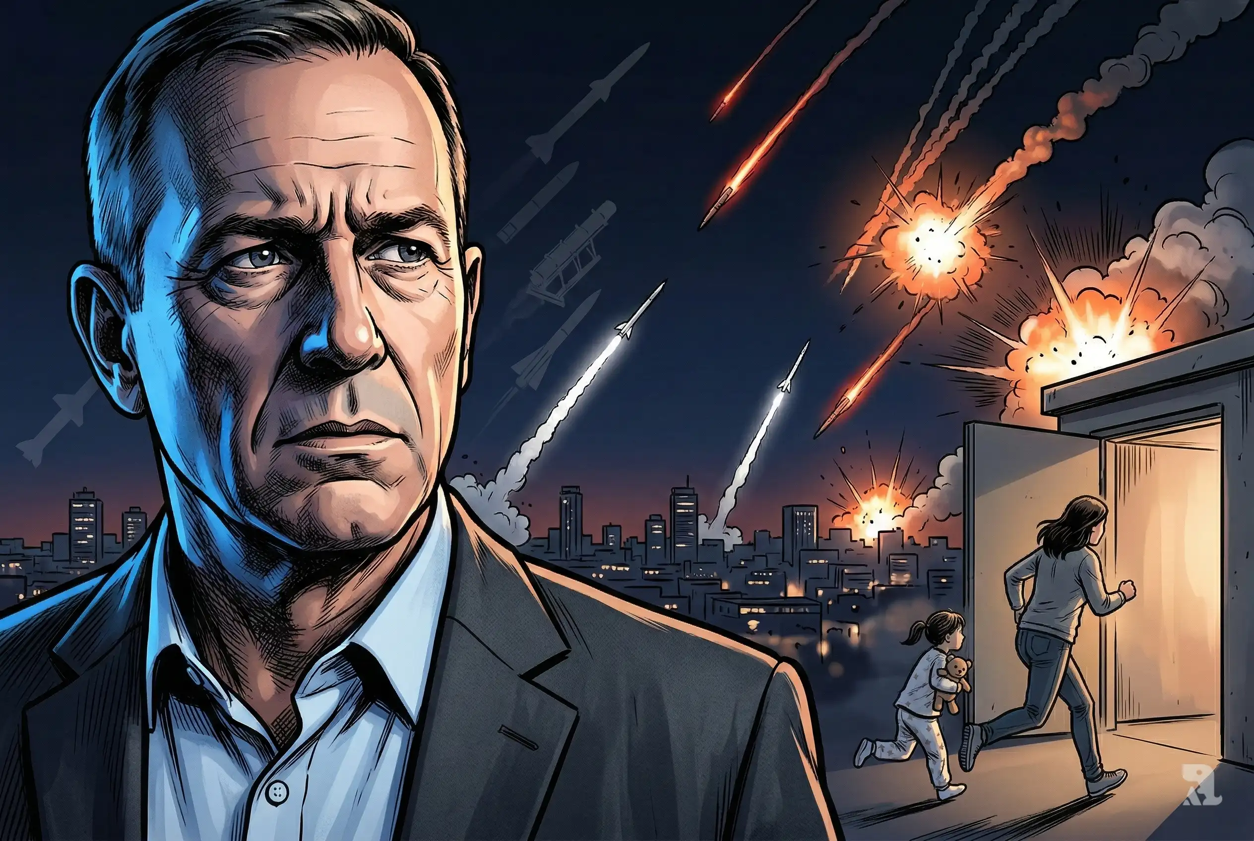 Close-up of Israeli defense commander with missiles exploding over Tel Aviv skyline at night as civilians run toward bomb shelter.