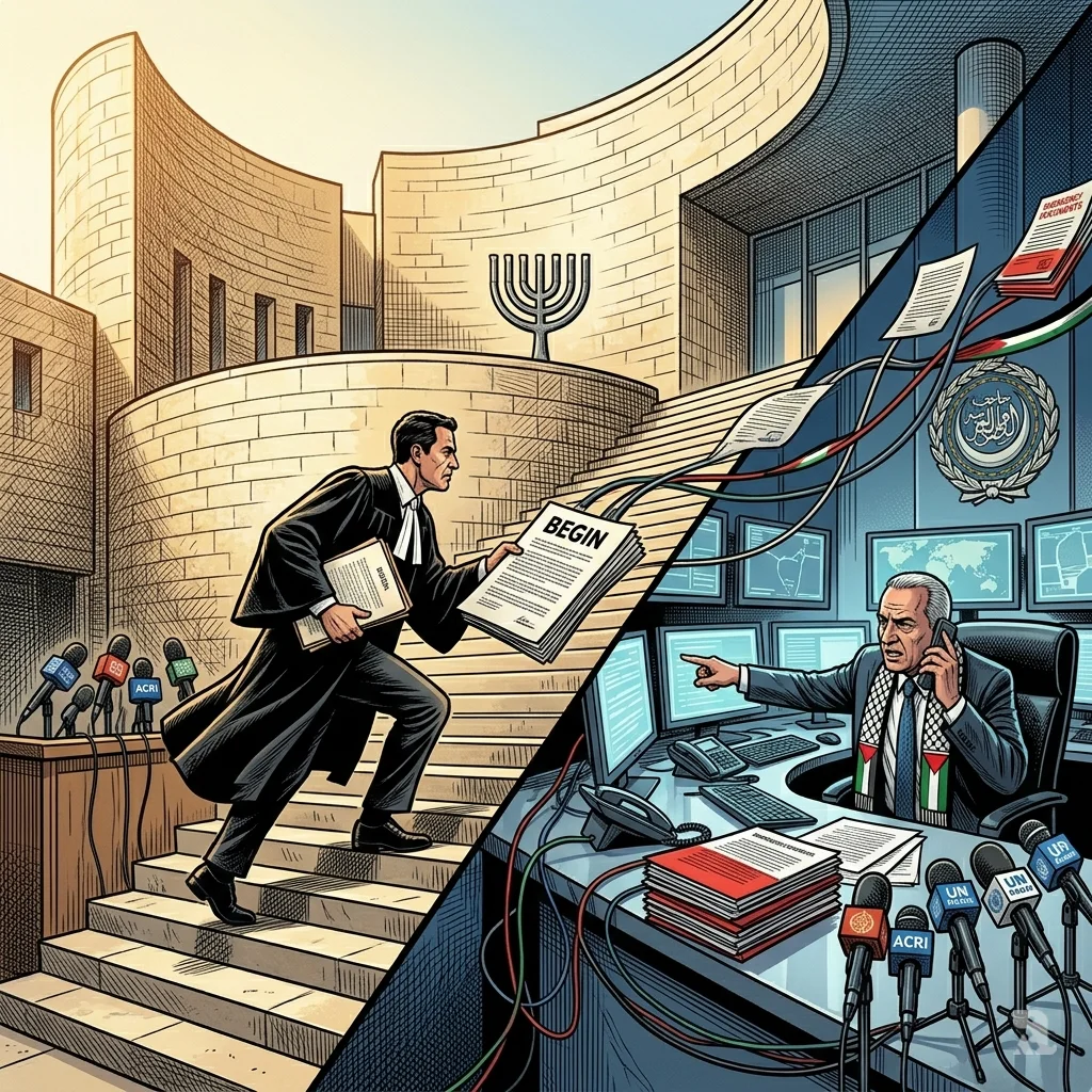 Low-angle view of Israel's Supreme Court with a legal petitioner mounting the steps alongside diplomatic officials coordinating responses.