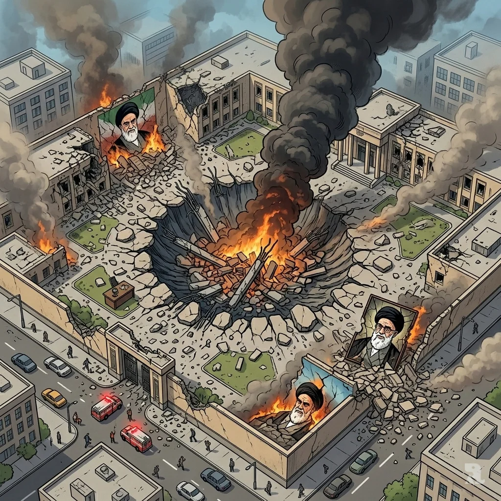 An aerial view of the devastating aftermath of an Israeli airstrike on the Supreme Leader's Tehran compound, leaving a massive crater and a burning, cracked portrait of Ali Khamenei in the rubble.