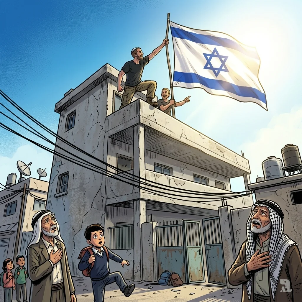 Low-angle shot of settlers flying an Israeli flag on a school roof. Palestinian children and a teacher look up from the ground below.