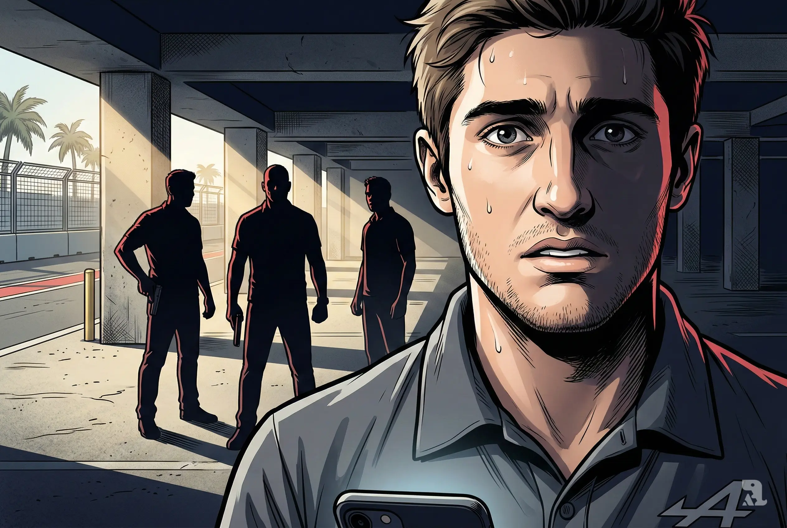 Jack Doohan close-up with armed men in Miami parking structure during F1 controversy.