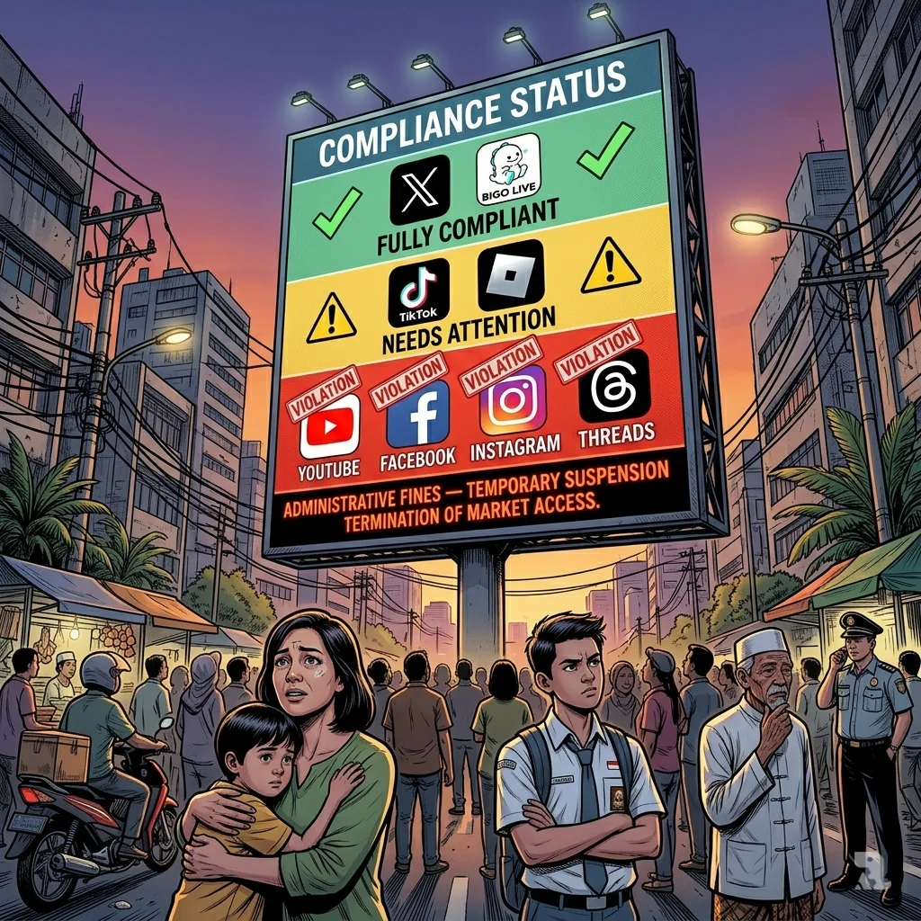 A massive digital billboard in Jakarta displays compliance status for social media platforms as a crowd of citizens watches below.