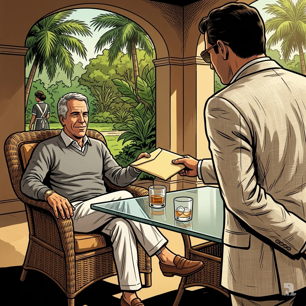 Jeffrey Epstein sits on a Palm Beach terrace, accepting a manila envelope from Ramsey Elkholy while wearing an ankle monitor.