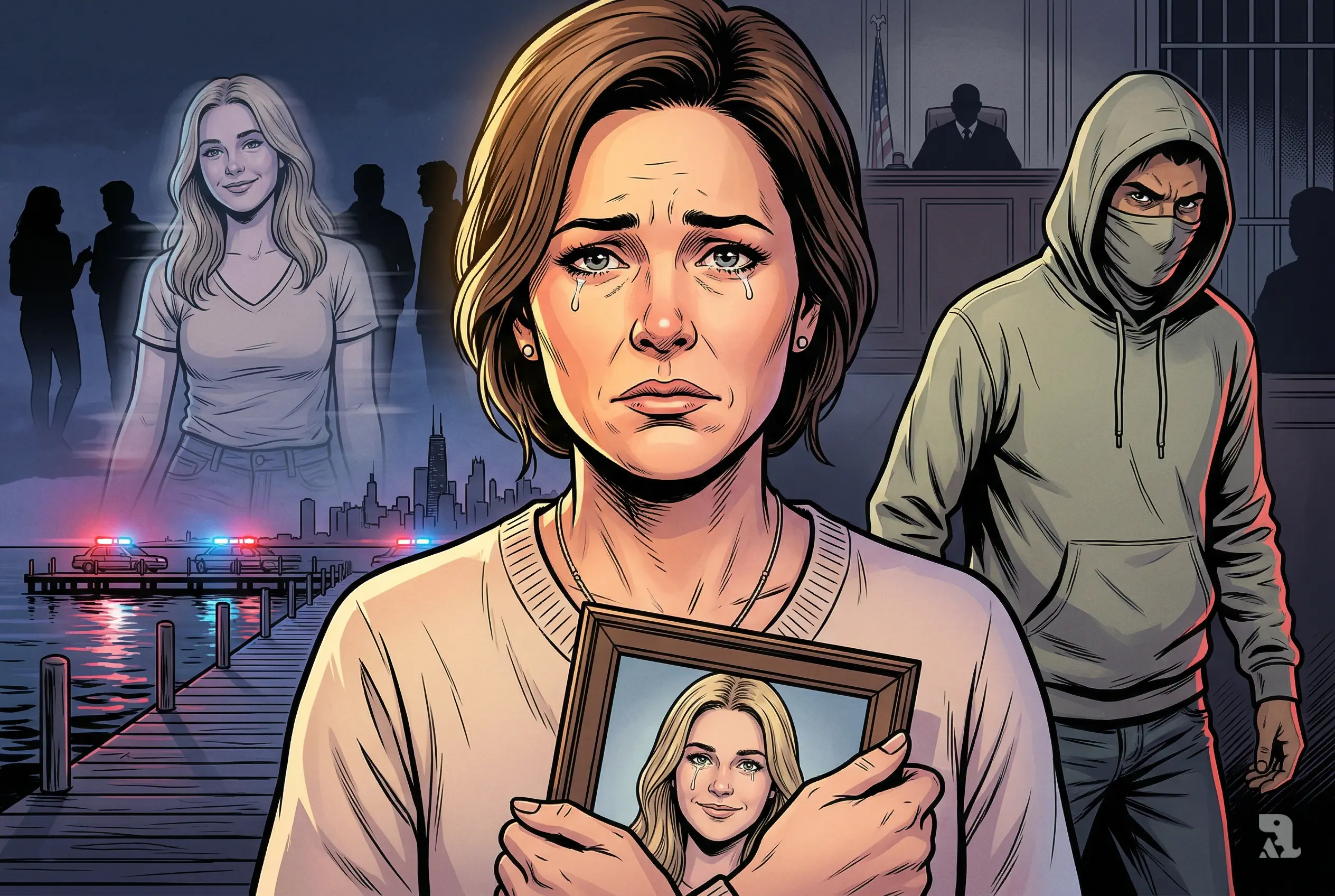 Grieving mother Jessica Gorman holds daughter Sheridan’s photo while Chicago pier shooting scene and suspect silhouette appear behind, symbolizing tragedy and demand for justice.