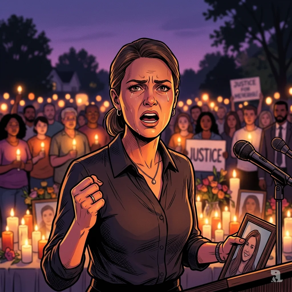 Jessica Gorman, her face illuminated by candlelight, delivers a passionate vow for justice at a vigil, surrounded by a supportive crowd.