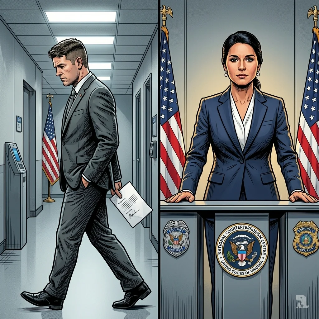 Split image of Joe Kent walking away holding a resignation letter and Tulsi Gabbard standing firmly at a podium in a secure government corridor.
