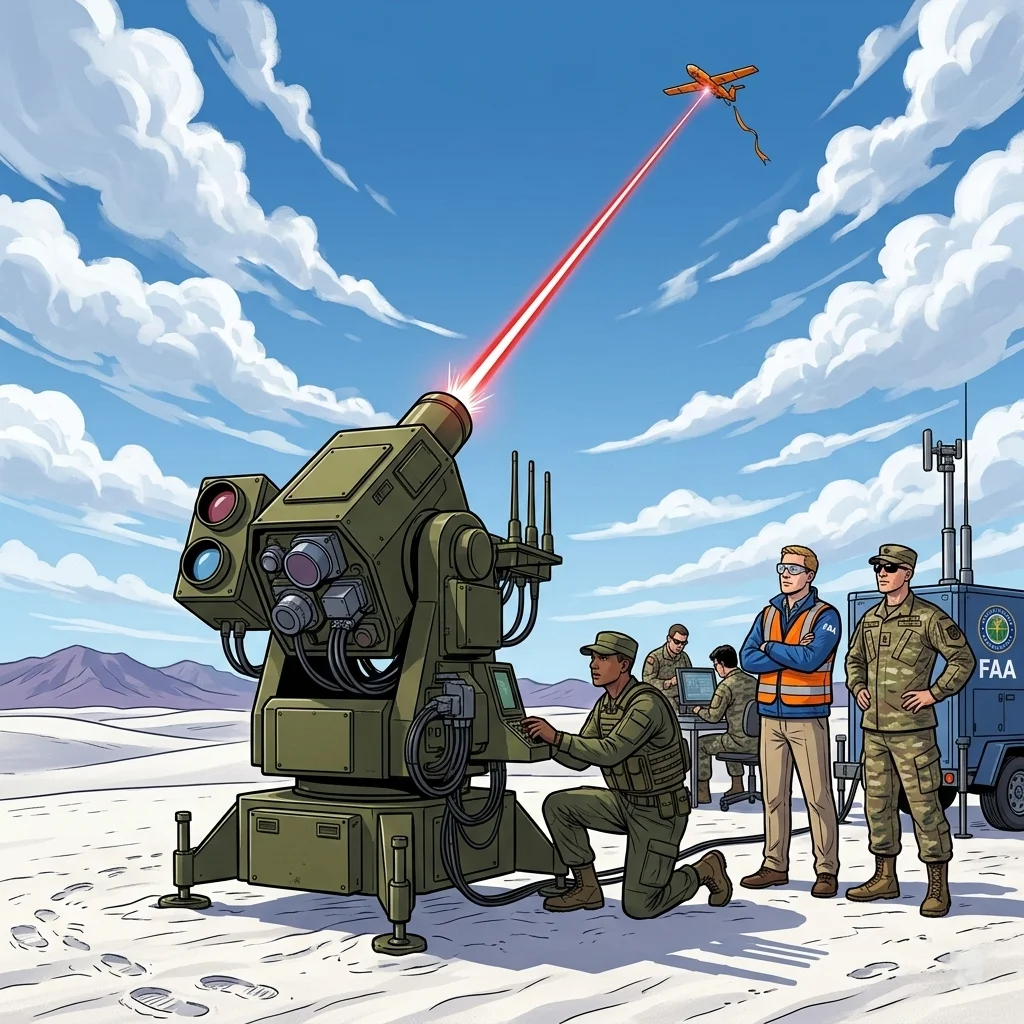 Low-angle shot of controlled laser beam firing from anti-drone system at White Sands, mixed military-FAA observers monitoring test drone safely under clear blue sky.