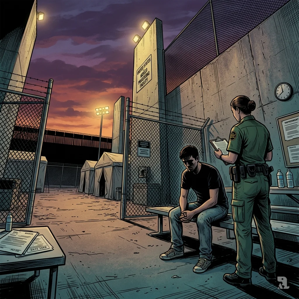 Jose Medina-Medina sits on a bench at an Arizona border processing station at twilight, a border patrol officer stands nearby with a clipboard.