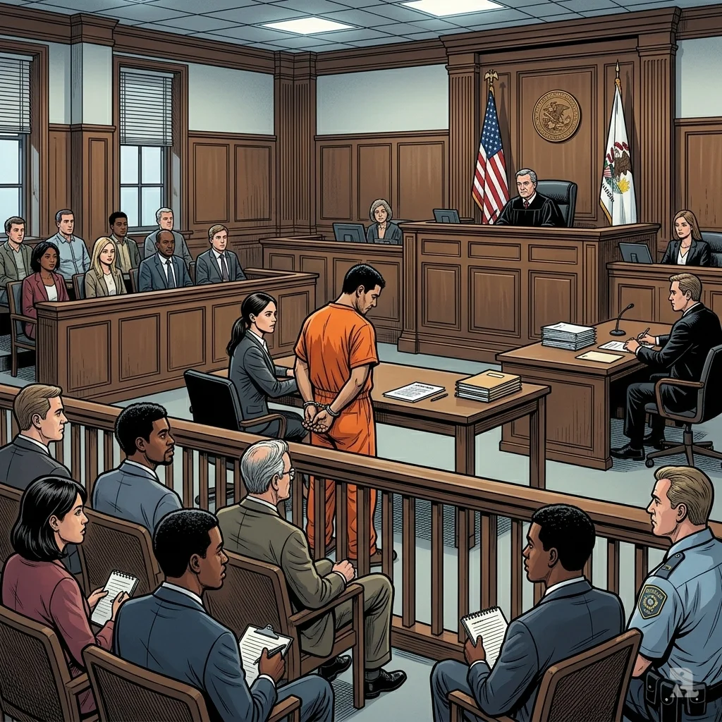 Jose Medina-Medina sits at the defendant’s table in a Chicago courtroom, appearing in a prison jumpsuit before the judge.