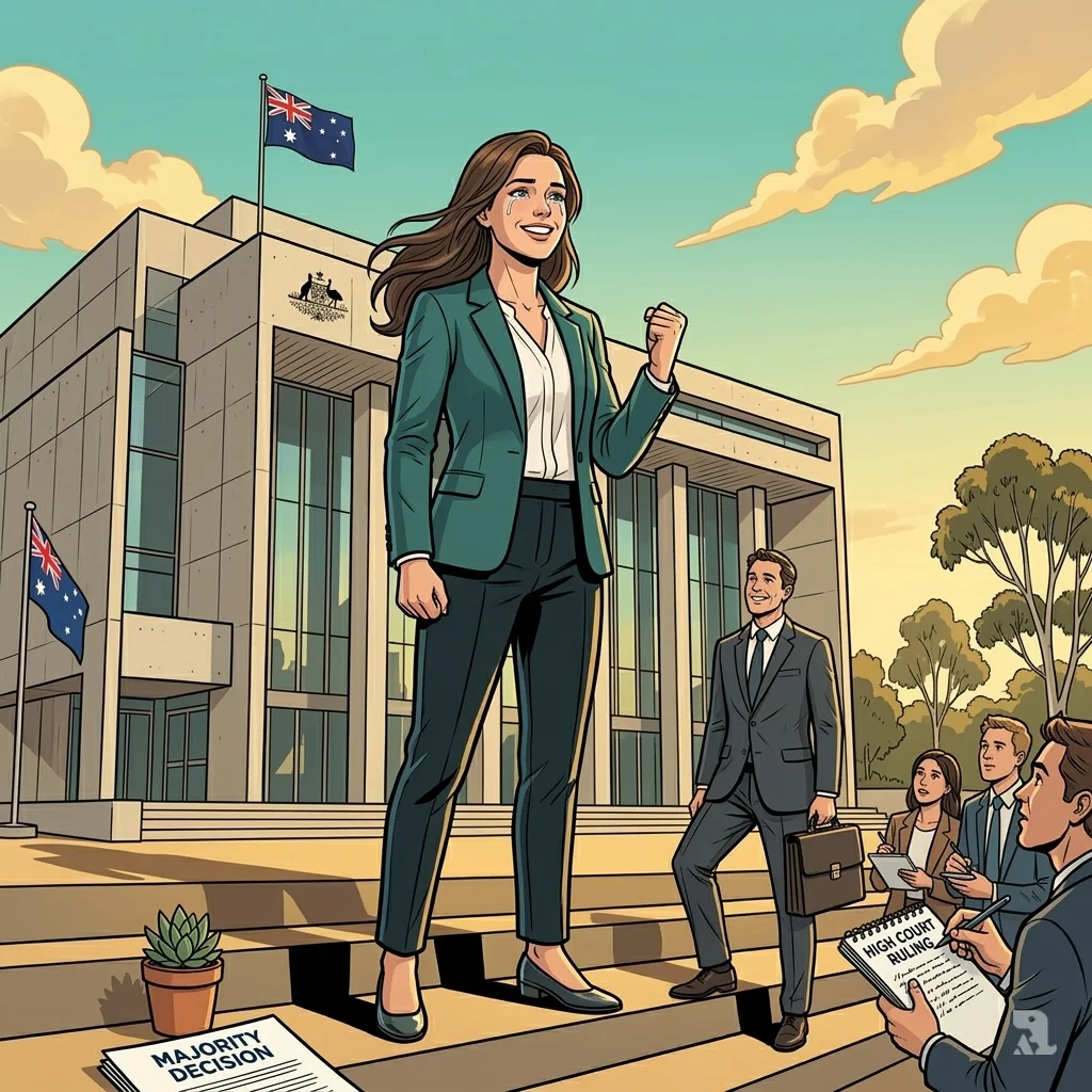 Katie Taylor raises her fist triumphantly on the steps of the High Court of Australia after winning her final trademark case in 2025.