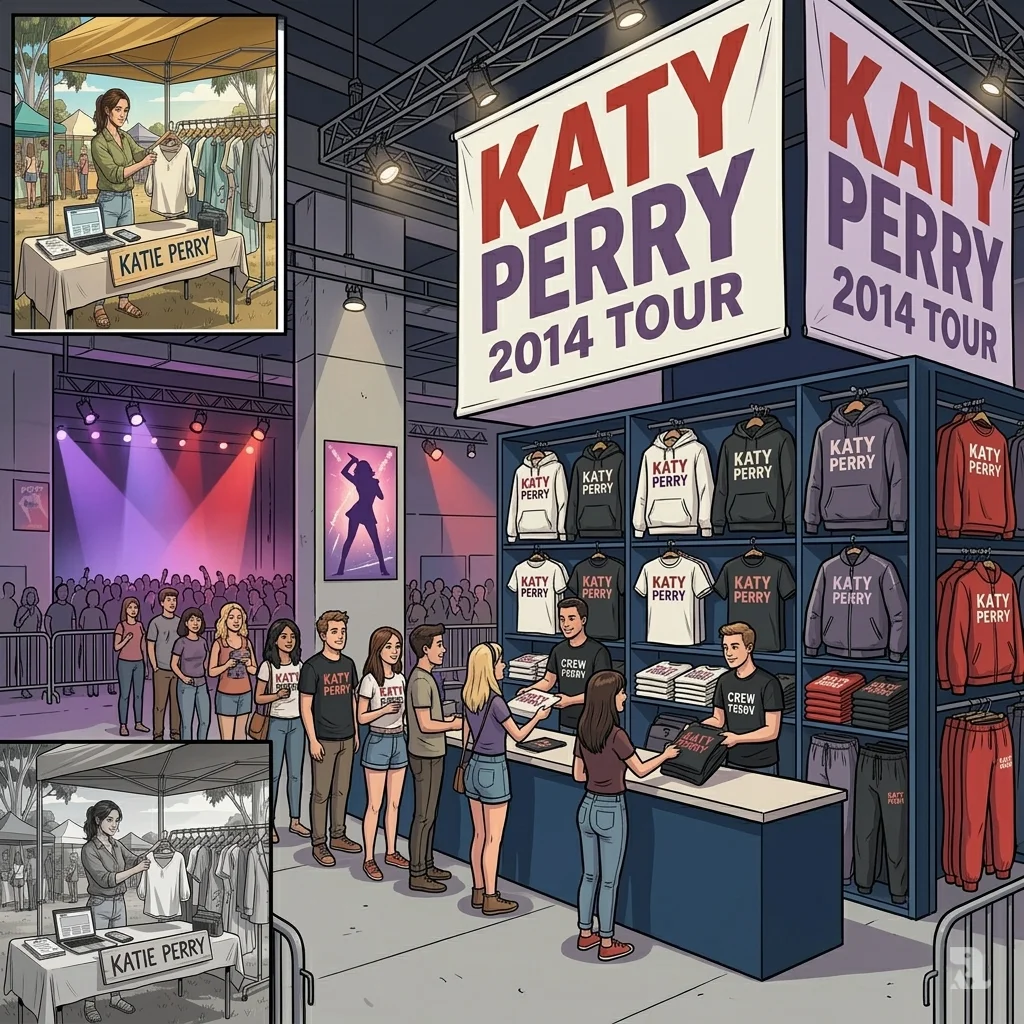 A bustling merchandise booth at a 2014 Katy Perry concert in Australia, selling branded hoodies and T-shirts to a crowd of fans.