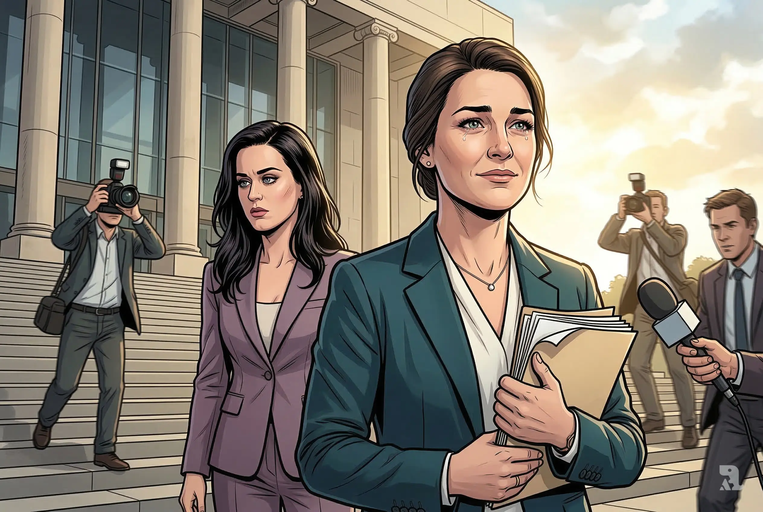 Katie Taylor stands victorious outside Australia’s High Court while Katy Perry looks tense behind her, media surrounding courthouse steps during dramatic trademark legal battle moment.