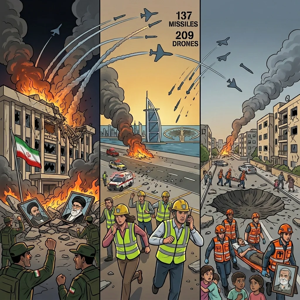 A panoramic view of simultaneous devastation after Khamenei's assassination. Missile strikes hit Tehran, Dubai's landmarks and airports, and Israel's Beit Shemesh, with drones flying overhead.