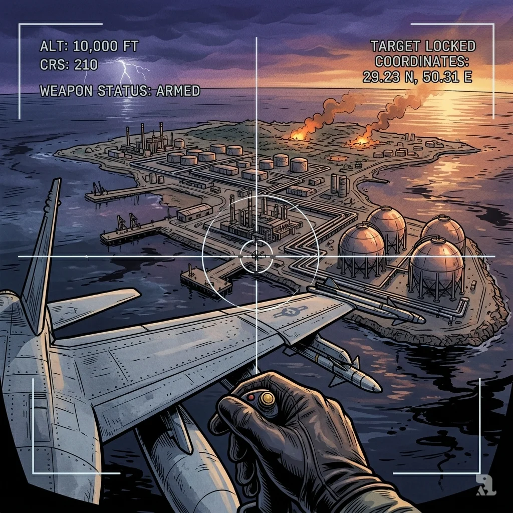 Aerial targeting view of Kharg Island at dawn through fighter jet HUD. Oil terminals and smoke plumes appear below.