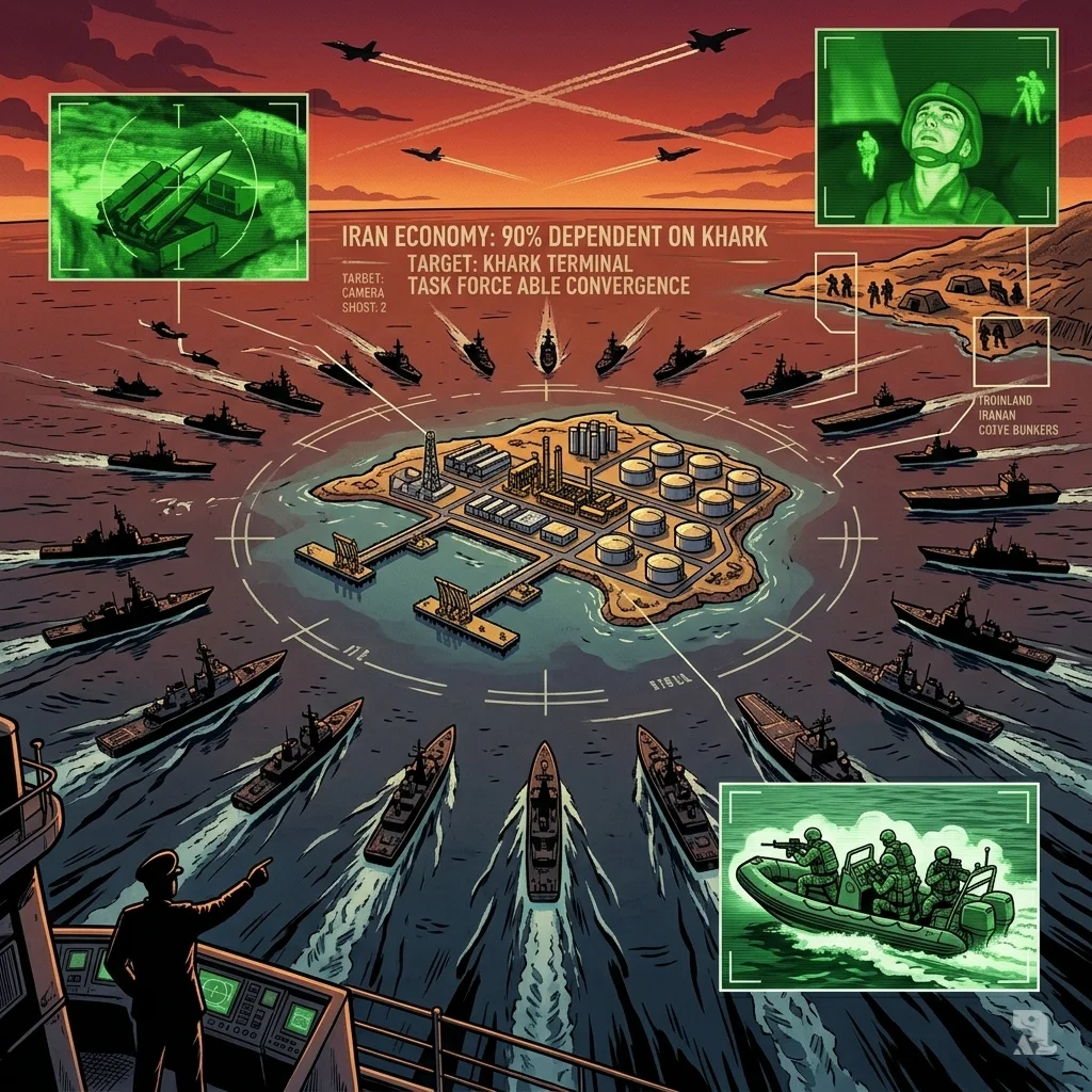 High‑altitude view of Kharg Island surrounded by naval vessels and drone feed overlays at twilight.