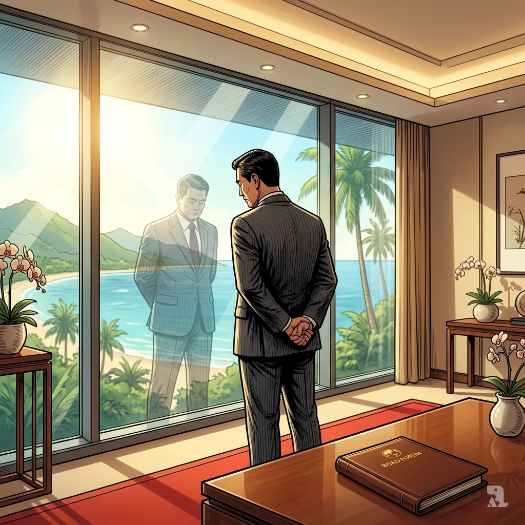 South Korean Prime Minister Kim Min-seok stands silhouetted against a window overlooking Hainan island, his posture tense with contemplation.