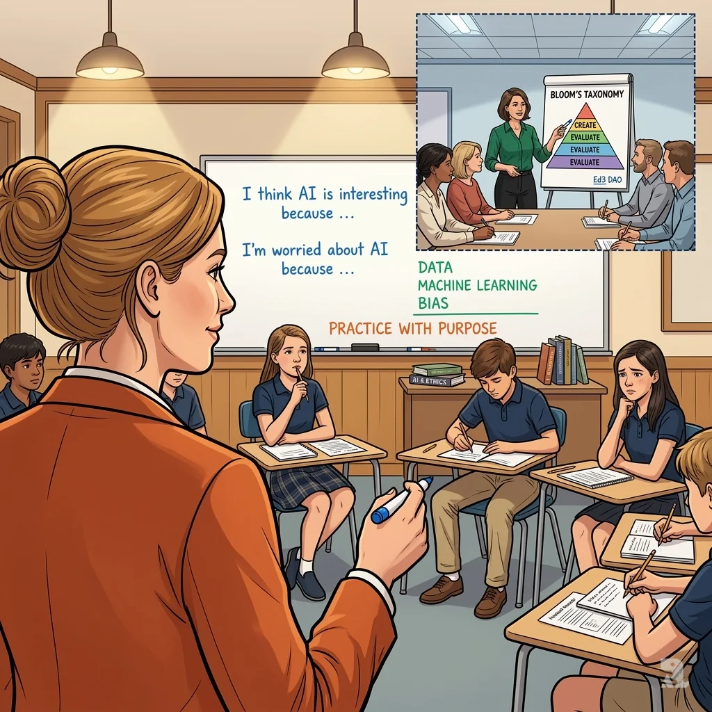 A teacher writes student prompts about AI on a whiteboard while an inset shows educators training with Bloom's Taxonomy to teach AI literacy.