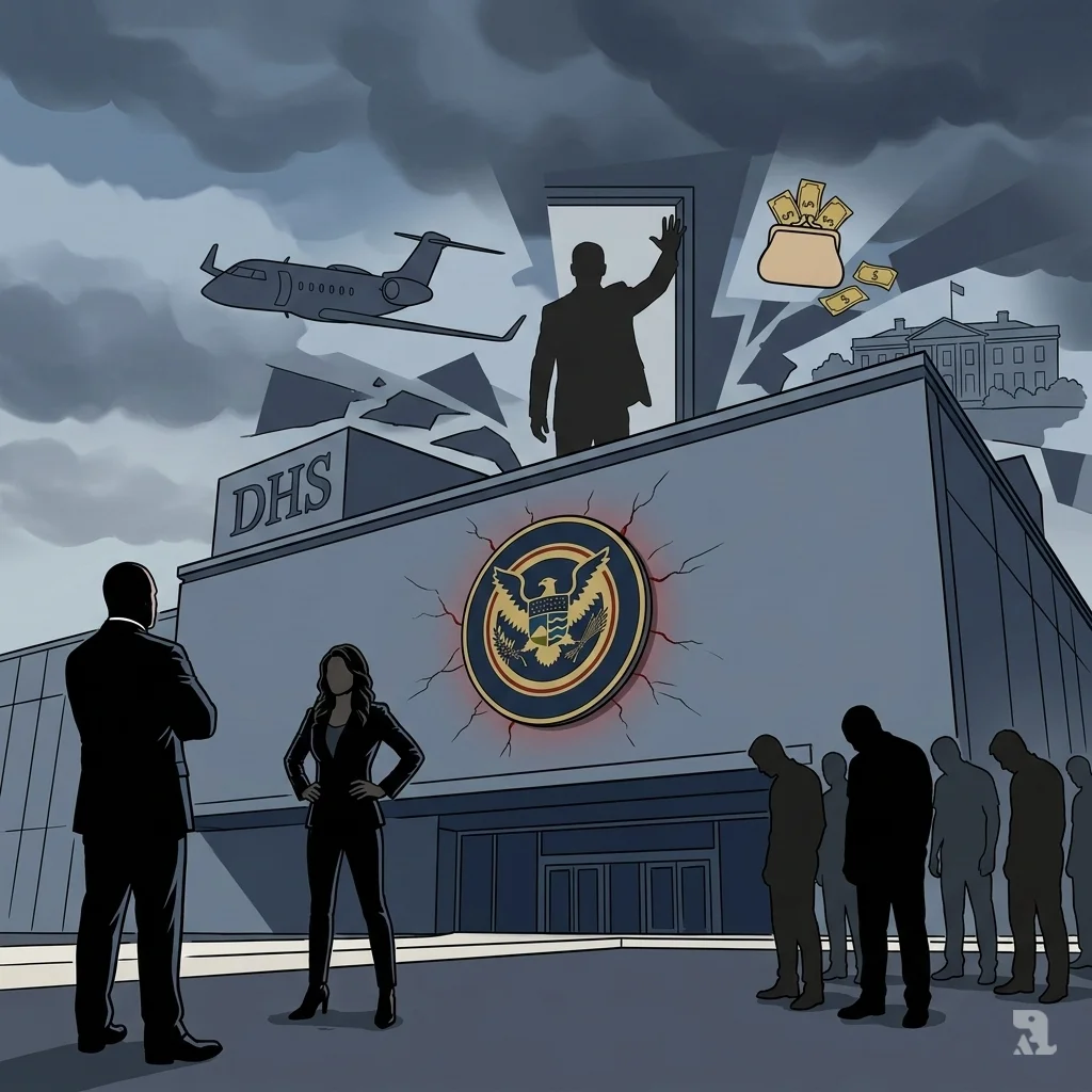 Exterior of the DHS headquarters with a fractured seal. Silhouettes of Kristi Noem, Tom Homan, and Corey Lewandowski show conflict as storm clouds gather.