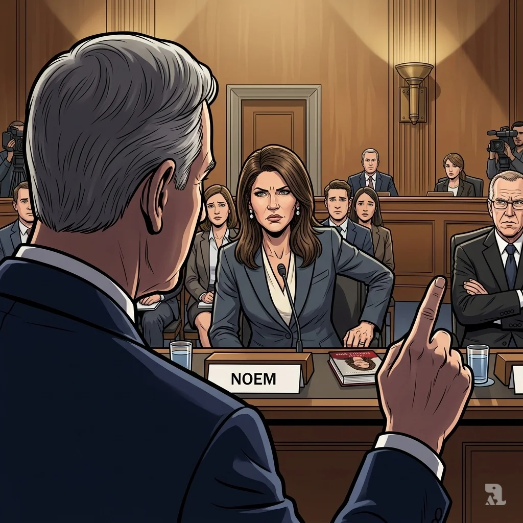 Over-the-shoulder shot of Senator John Kennedy pointing at Kristi Noem during a tense Senate hearing. Noem sits defensively at the witness table under oath.