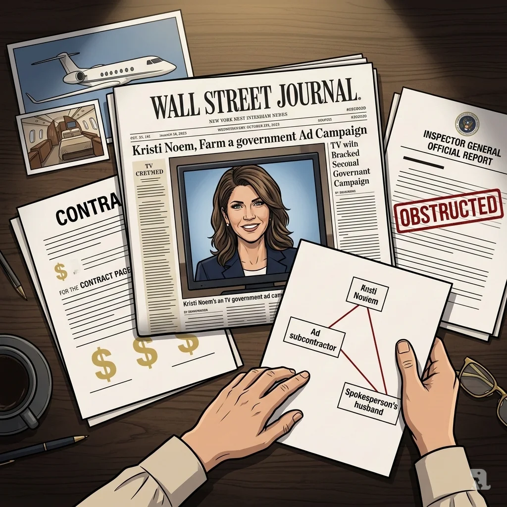 A journalist's hands arrange evidence on a desk, including a Wall Street Journal front page, a photo of a private jet, and an inspector general report stamped "OBSTRUCTED."