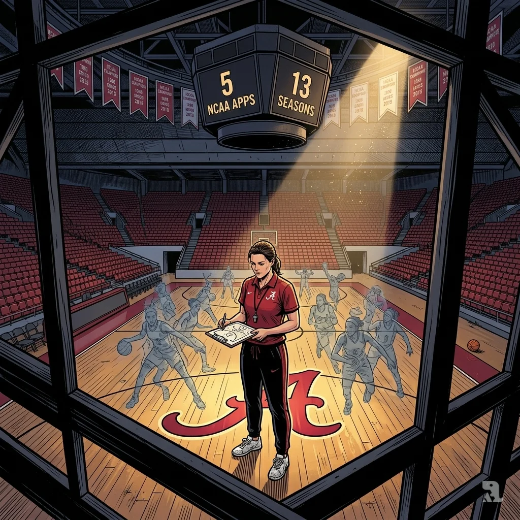 Empty Coleman Coliseum with Kristy Curry at center court, reviewing plays amid Alabama championship banners.