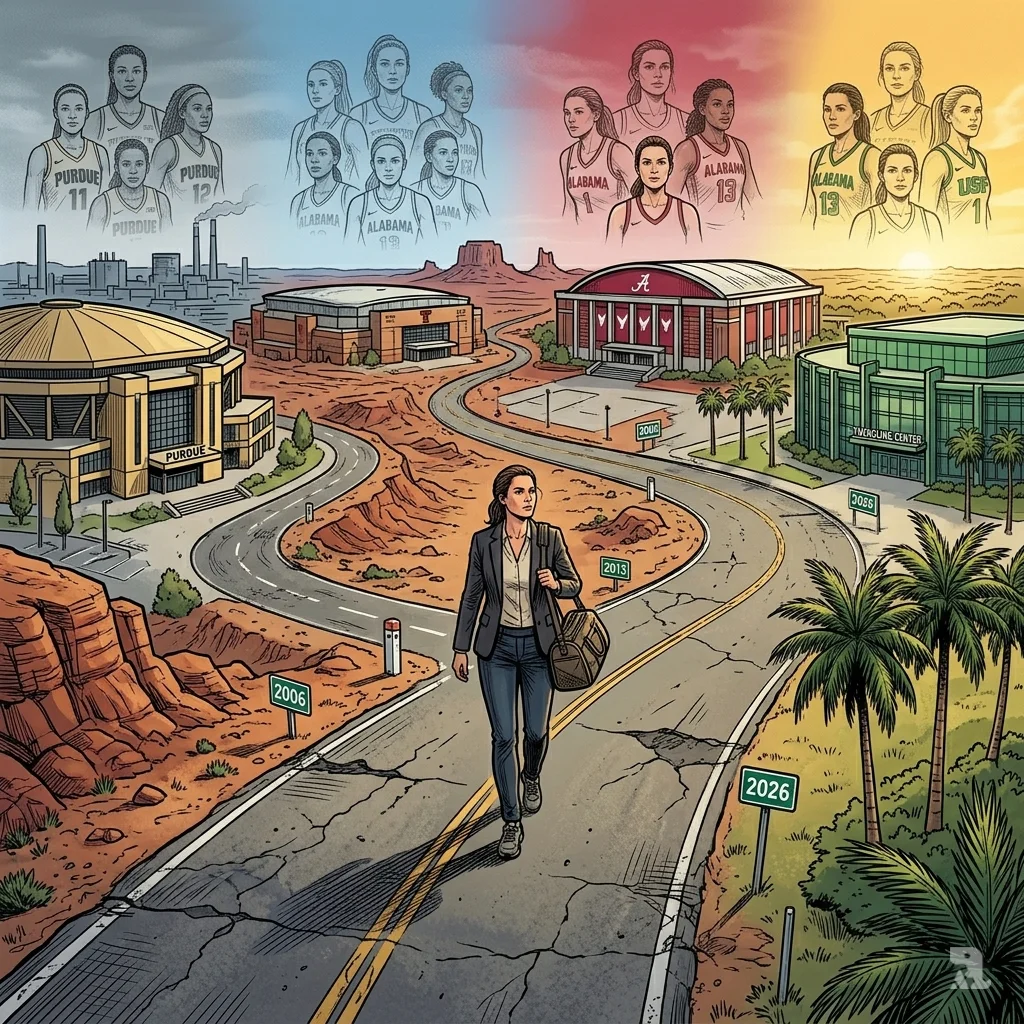 Kristy Curry walks winding road between four college basketball arenas representing her career across states.
